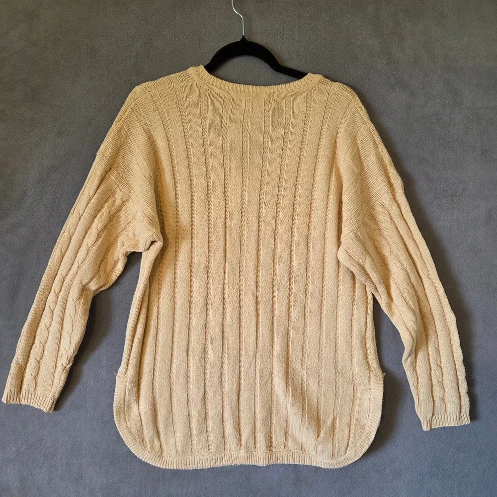 Pierre Cardin Silk V-Neck Cable Knit Sweater Women Medium Quiet Luxury Coastal